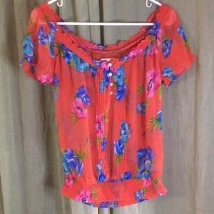 HOLLISTER Sheer orange and blue floral top